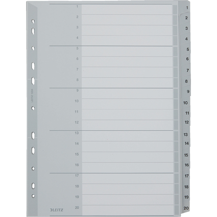 LEITZ Kunststoff-Register, Zahlen, A4 berbreite, 1-20, grau