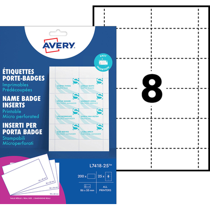 AVERY Inserts imprimables pour badges, 55 x 86 mm, blanc