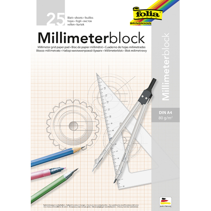 folia Millimeterpapier-Block, DIN A4, 80 g/qm, 25 Blatt