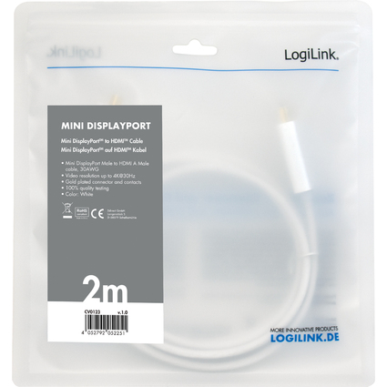 LogiLink Mini DisplayPort - HDMI Kabel, 4K, wei, 2,0 m