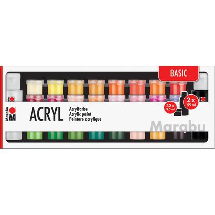 Marabu Acrylfarben-Set "BASIC", 32 x 3,5 ml / 2 x 59 ml