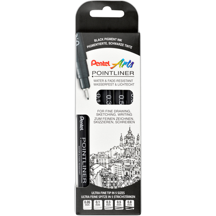 PentelArts Permanent Fineliner Pointliner, schwarz, 5er Set