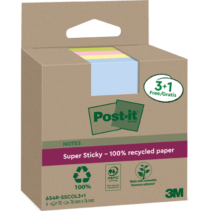 Post-it Super Sticky Recycling Notes, 76 x 76 mm, farbig