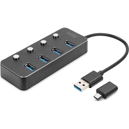 DIGITUS USB 3.0 Hub, 4-Port, schaltbar, Aluminium Gehuse