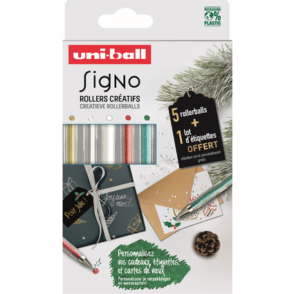 uni-ball Gel-Tintenroller SIGNO, 5er Etui + Etiketten gratis